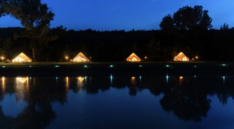 Soul Remembrance at night luxury glamping tent